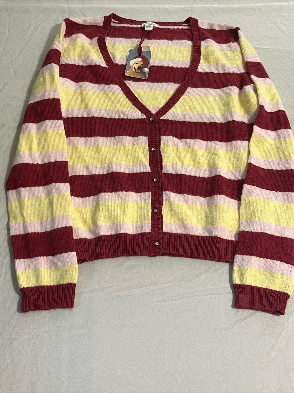 American Eagle Burgundy, Pink & Yellow Striped V-Neck Cardigan Size Large NWT
